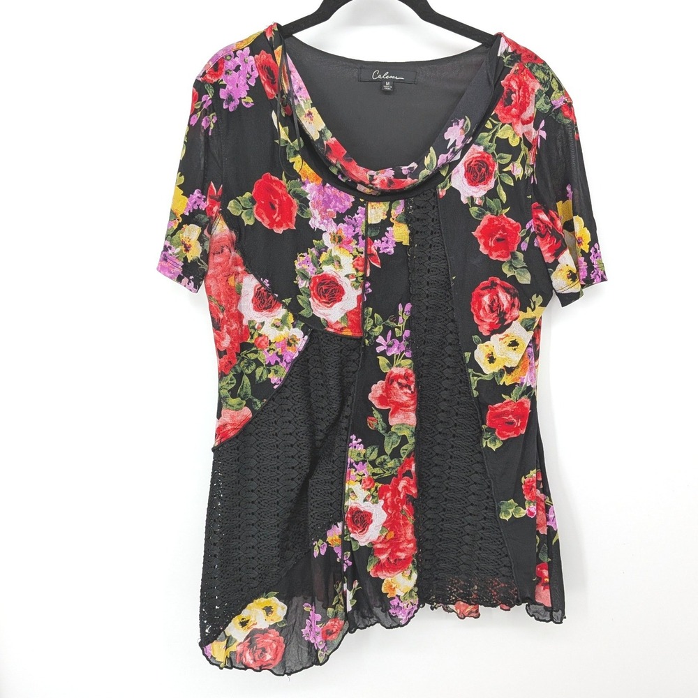 Calessa Blouse Women Medium Black Floral Lace Trim Mesh Overlay Cowl Neck Artsy